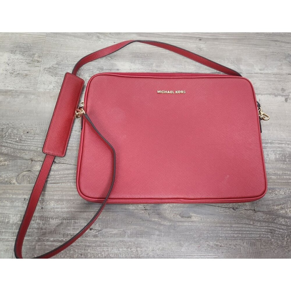 Michael Kors Red Leather Laptop Shoulder Bag W/ Removeable Strap